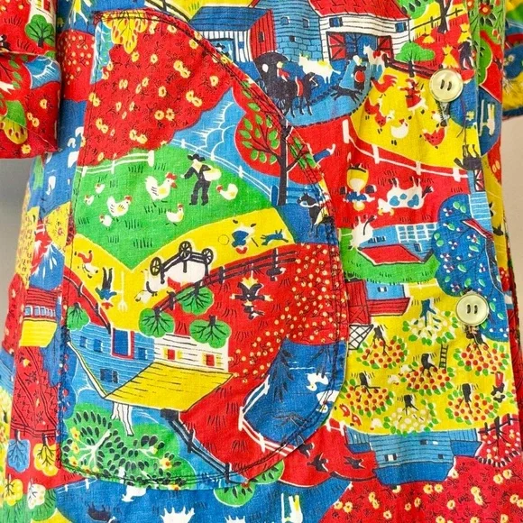 Vintage 1970s Novelty Print Tunic Shirt Jacket Farm Rainbow Retro 70s Groovy - Picture 2 of 8